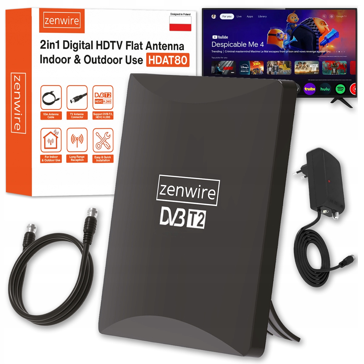 Antena do Telewizji TV Naziemnej DVB-T2 HEVC 2w1 Zewnętrzna Wewnętrzna 4K Zenwire HDAT80 – Twoje okno na świat telewizji