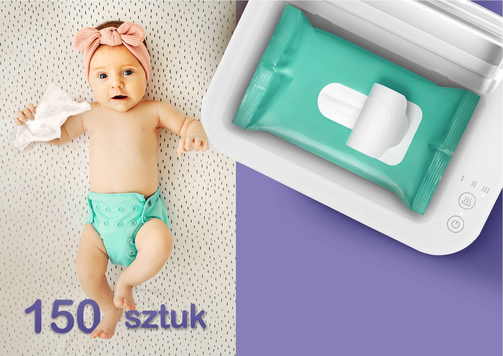 opakowanie 150 sztuk chusteczej i bobas leżący na leżance trzymający chusteczkę w dłoni