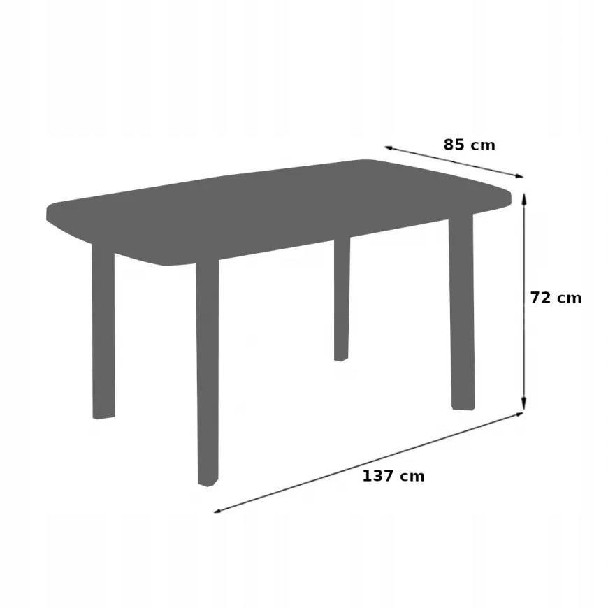 Wymiary stołu: 137 cm szerokości, 85 cm głębokości, 72 cm wysokości
