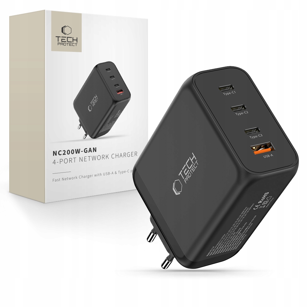 TECH-PROTECT NC200W-GAN 4-PORT NETWORK CHARGER PD 200W / QC3.0 BLACK – Wydajność na wyciągnięcie ręki