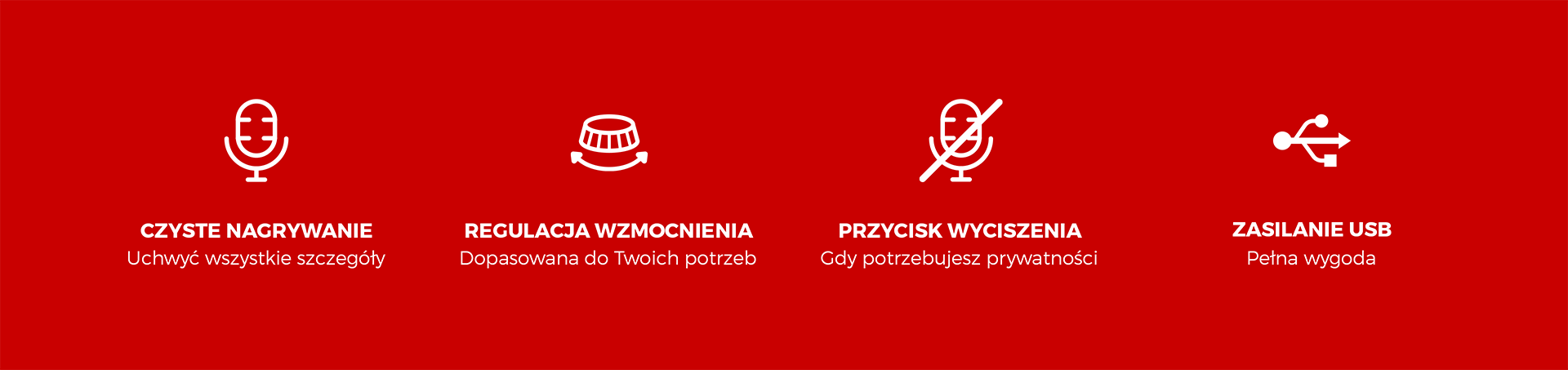 Cztery ikony podkreślające cechy mikrofonu Genesis Radium 250 USB: wyraźne nagrania, regulowane wzmocnienie, przycisk wyciszenia i zasilanie przez USB.