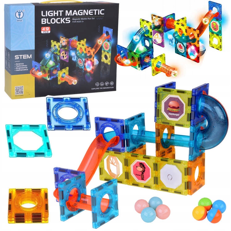 Klocki Magnetyczne 3D dla dzieci Zbuduj Świecący Tor Kulkowy 49 ele ZA5250 – Kreatywna zabawa dla małych konstruktorów