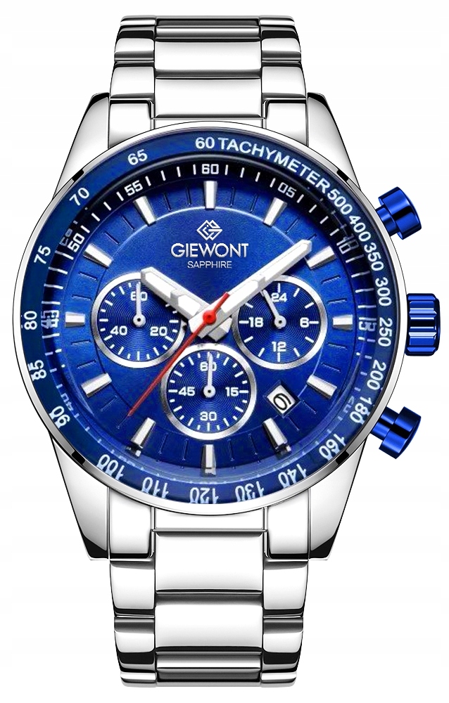 Dynamiczny design z niebieską tarczą i chronografem