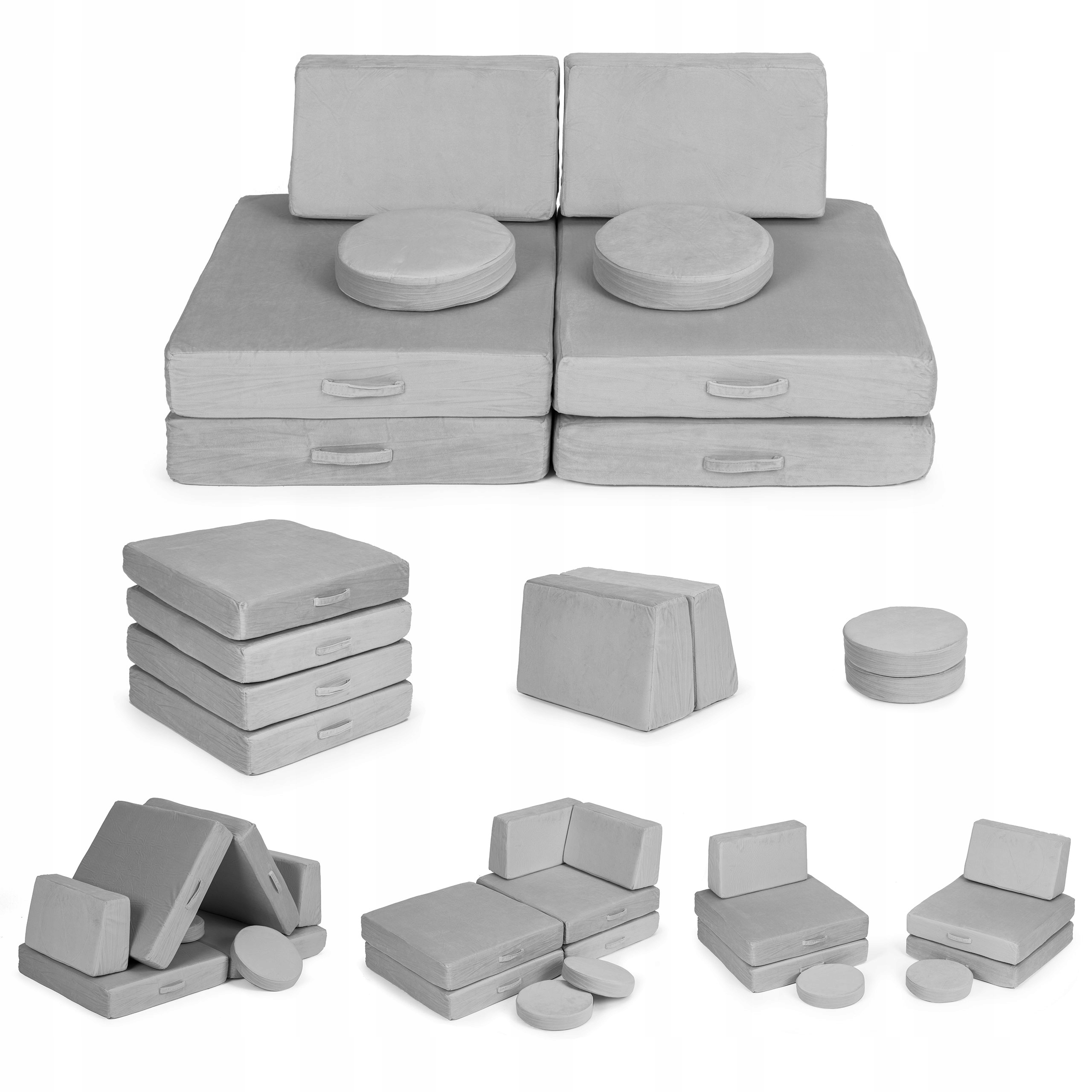 Ecotoys Sofa modułowa duża składana dla dzieci DIY 8 miękkich poduch - szara ECOTOYS – Idealne miejsce do zabawy i odpoczynku