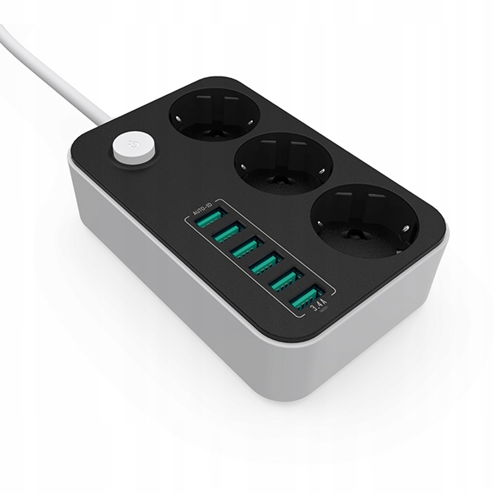 Przedłużacz z 3 gniazdami i 6 portami USB