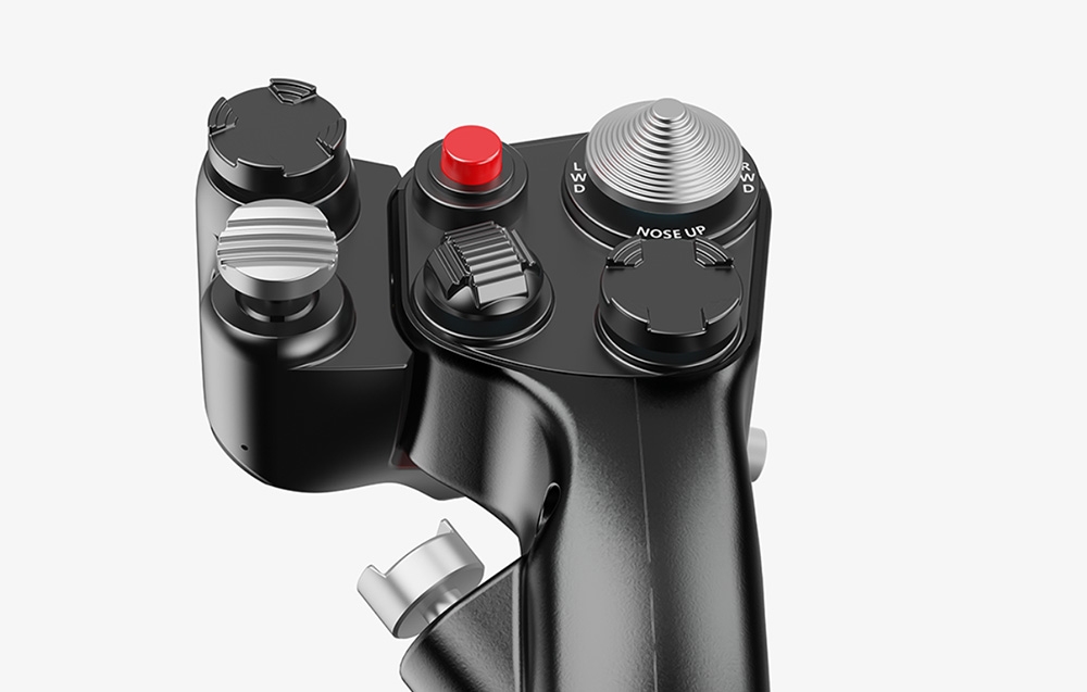 Zbliżenie na górną głowicę drążka MOZA Flightstick, prezentujące teksturę i rozmieszczenie przełączników sterujących.
