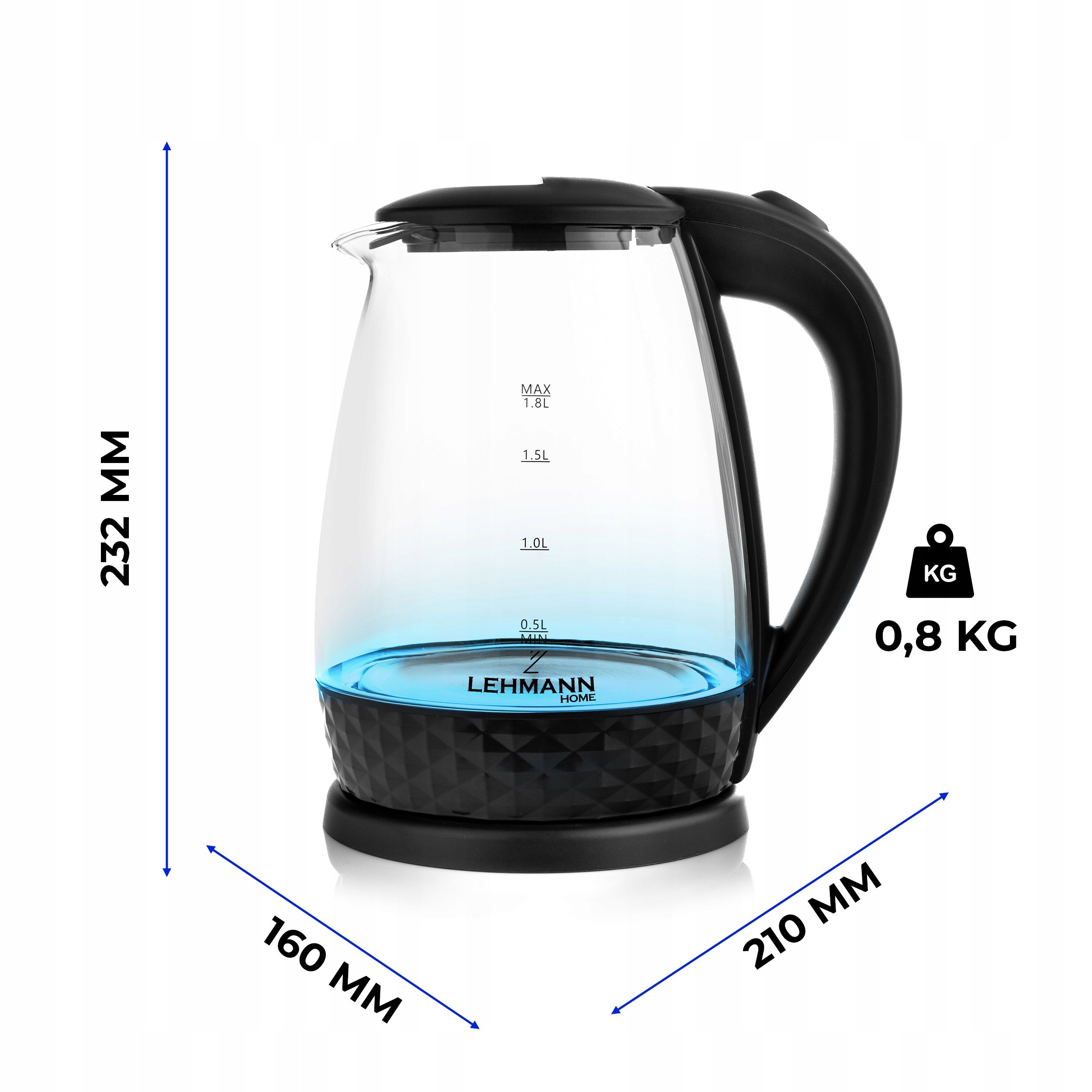 CZAJNIK ELEKTRYCZNY SZKLANY Z PODŚWIETLENIEM MOCNY 2200W BEZPRZEWODOWY 2L Głębokość produktu 21 cm