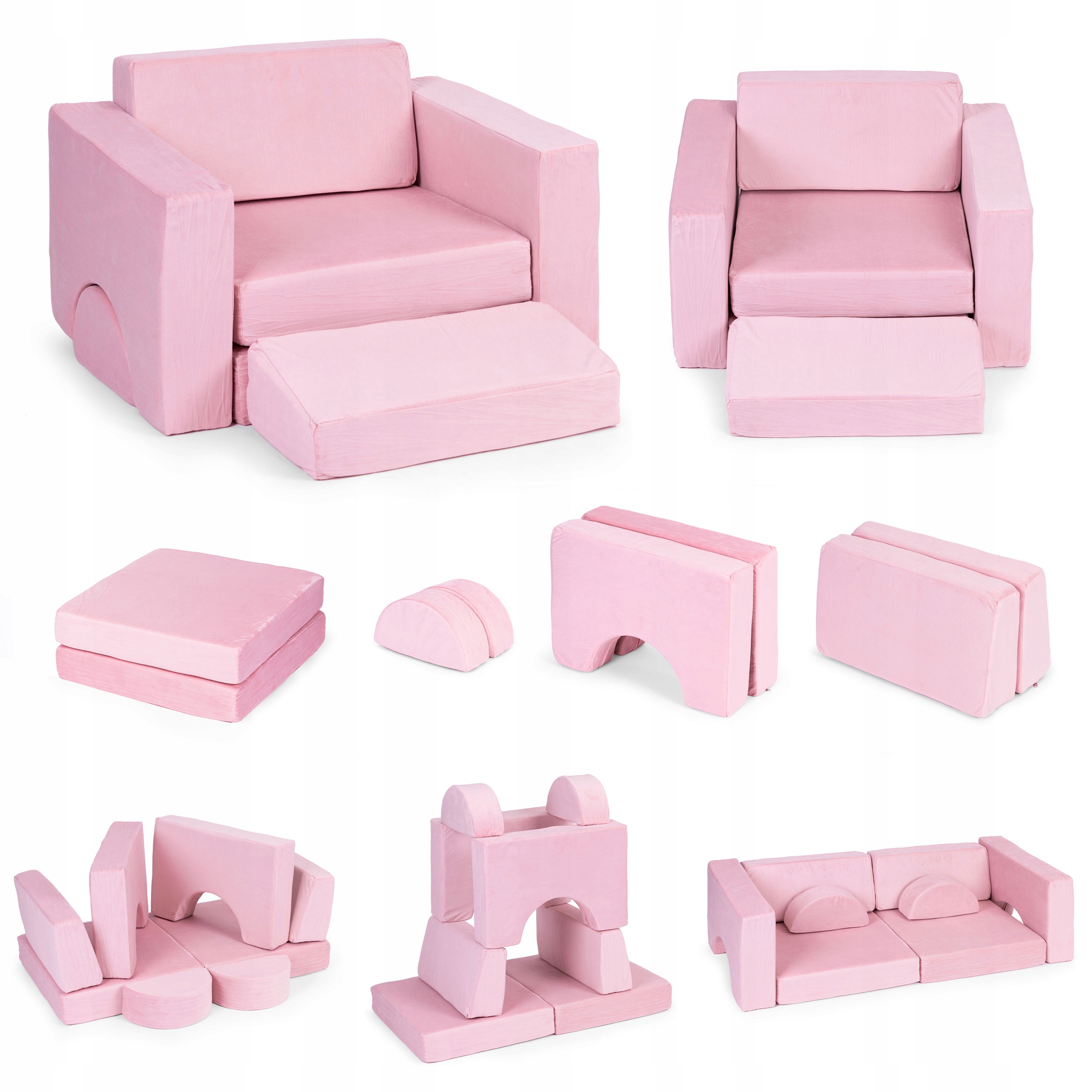 Ecotoys Fotel modułowy dla dzieci DIY 8 miękkich poduch składany - różowy