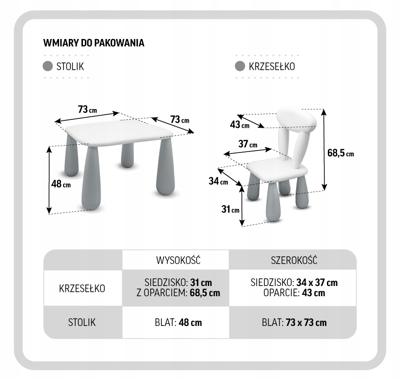 Wymiary stołu: 48 cm wysokości, 73 cm szerokości i długości