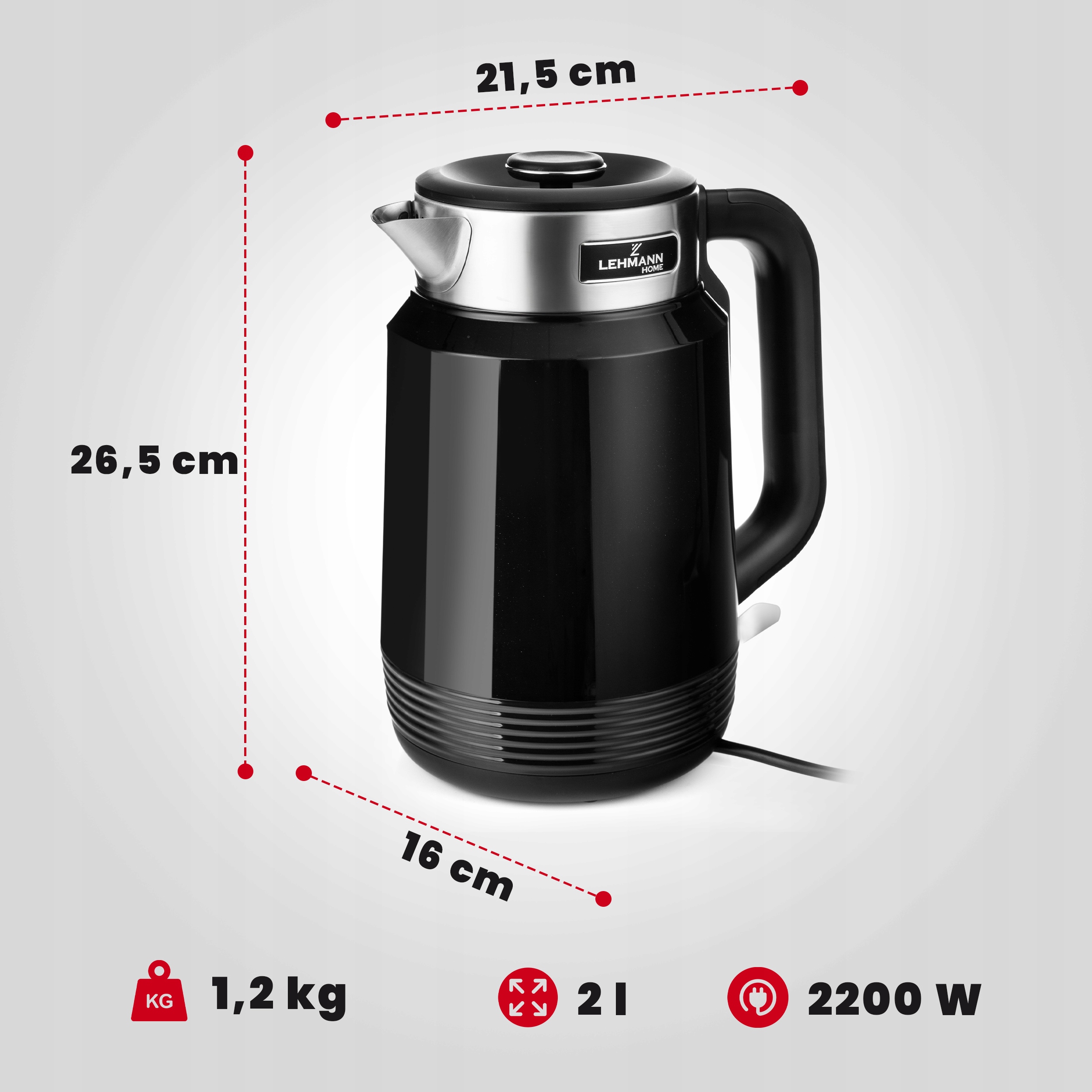 CZAJNIK ELEKTRYCZNY BEZPRZEWODOWY STALOWY RETRO 2200W CZARNY DUŻY 2L FILTR Waga produktu z opakowaniem jednostkowym 1.4 kg