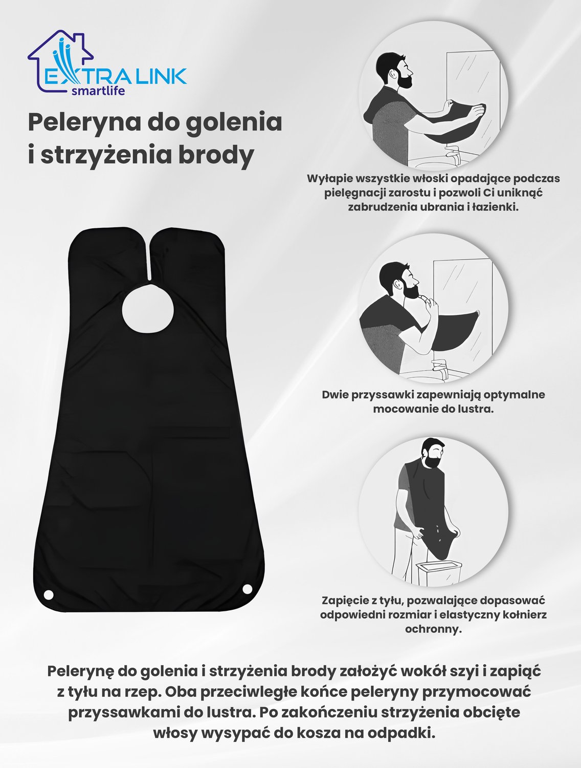 Wygodna peleryna do golenia z systemem mocowania