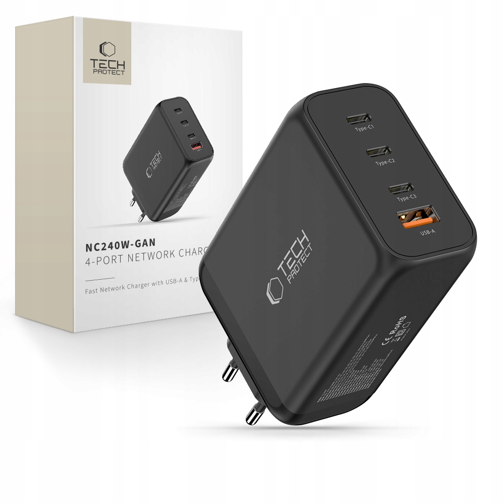 TECH-PROTECT NC240W-GAN 4-PORT NETWORK CHARGER PD 240W / QC3.0 BLACK – Wydajność i nowoczesność w jednym