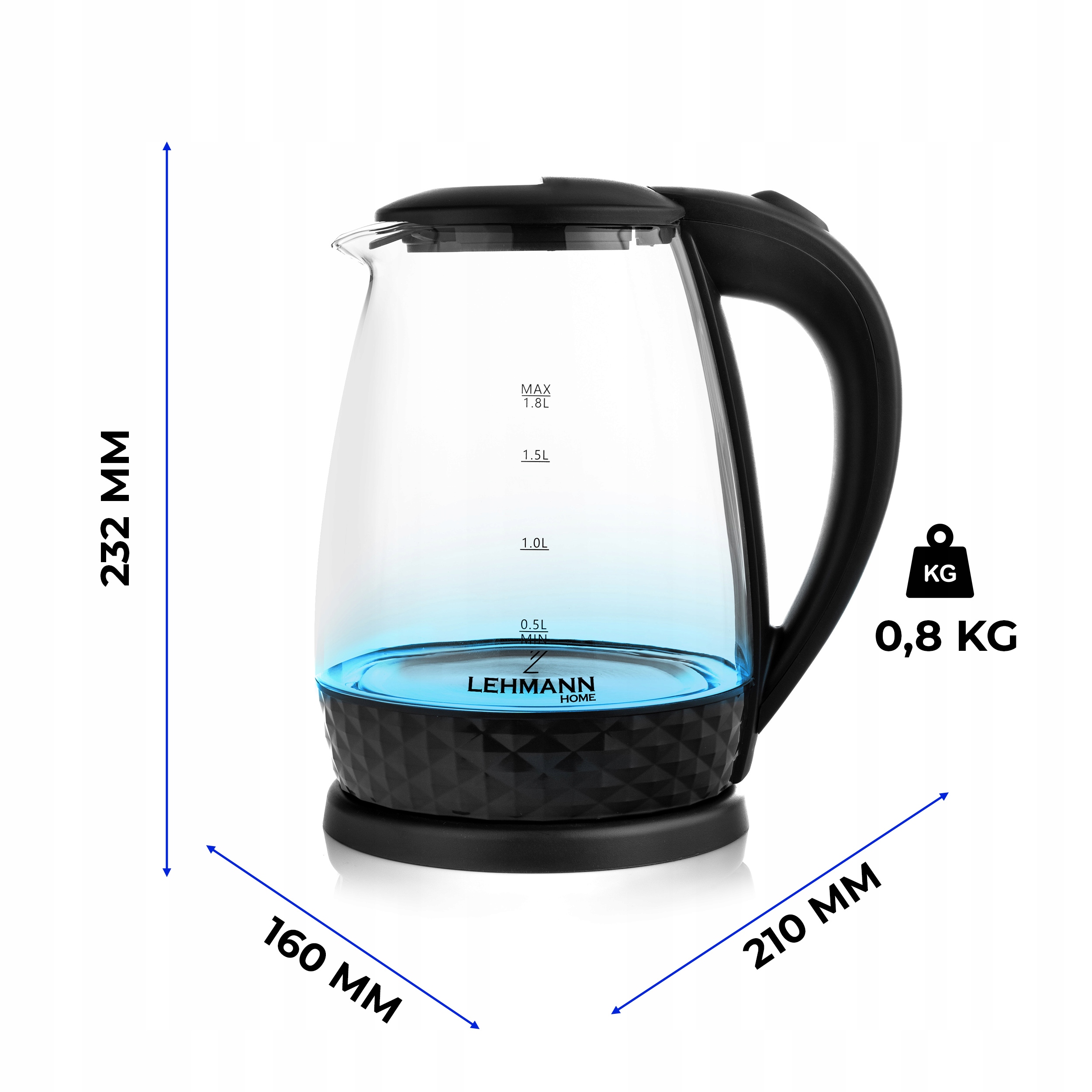 CZAJNIK ELEKTRYCZNY SZKLANY Z PODŚWIETLENIEM MOCNY 2200W BEZPRZEWODOWY 2L Głębokość produktu 21 cm