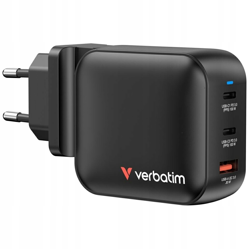 Ładowarka sieciowa Verbatim Mini GaN 100W 2xUSB-C PD/1x USB-A QC – Wydajne ładowanie w kompaktowej formie
