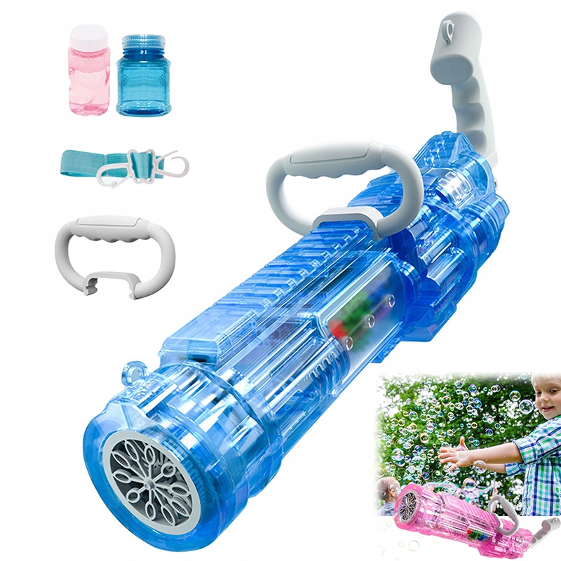 Zestaw zawiera pistolet, rączkę, pasek i płyn do baniek