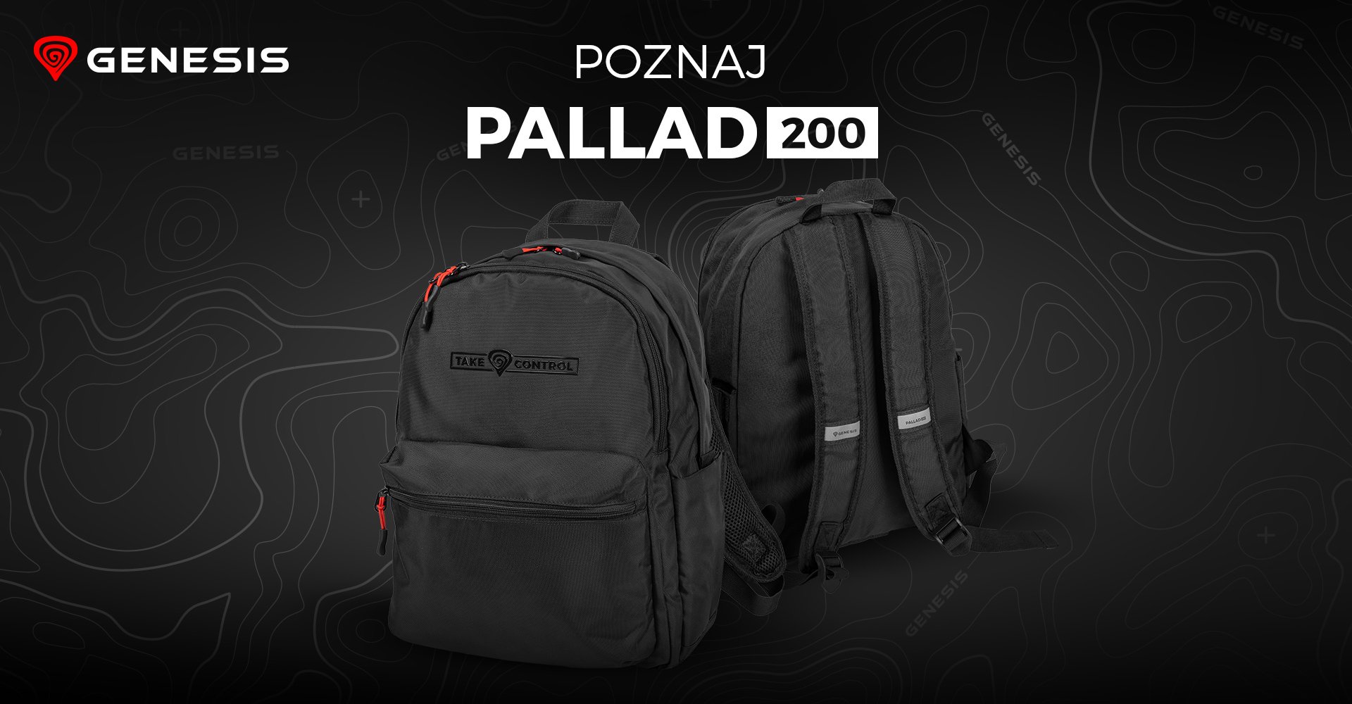 Czarny plecak Genesis Pallad 200 o pojemności 19 litrów, wyświetlany z przodu i z tyłu na teksturowanym tle