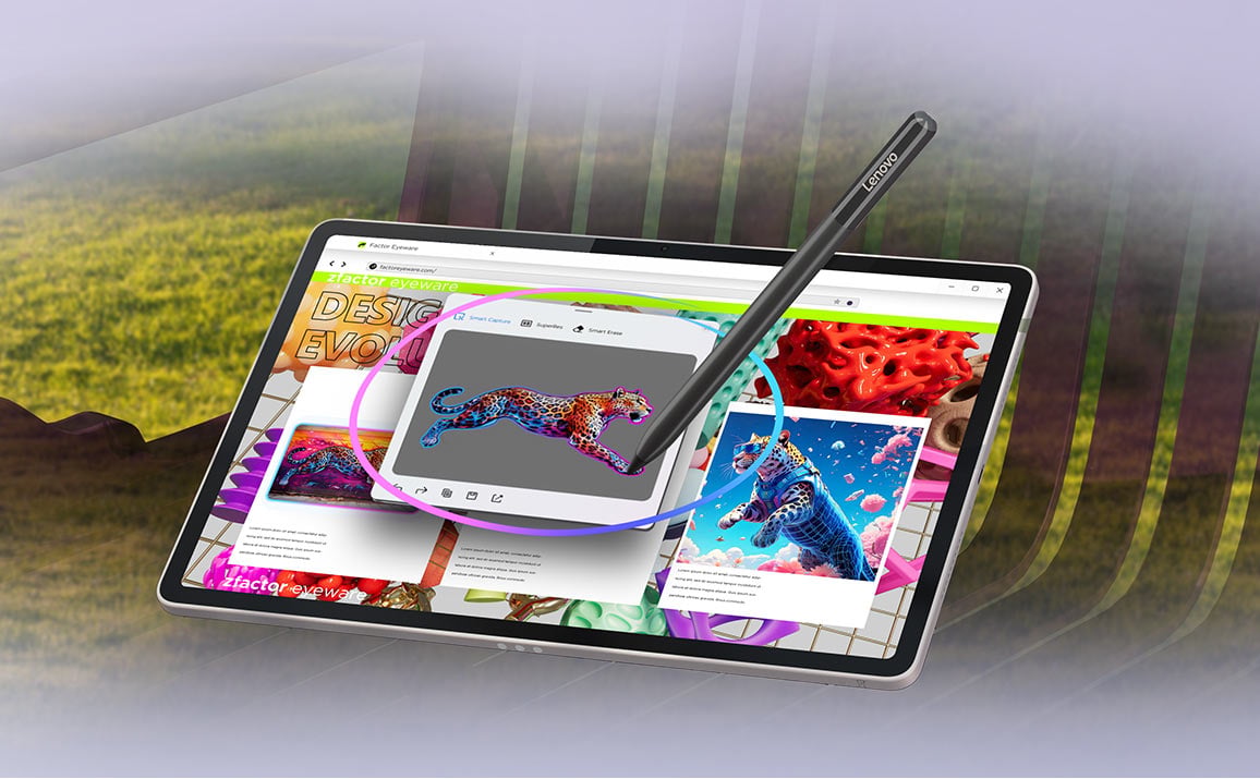 Na ekranie tabletu kolorowe zdjęcia, jedno z nich zakreślone rysikiem Tab Pen Pro