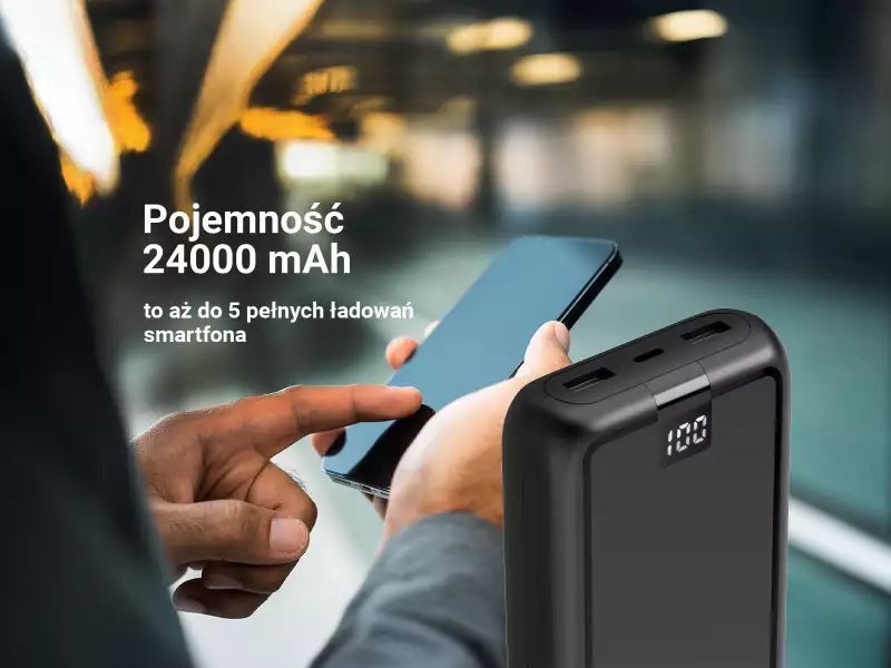 Powerbank o pojemności 24000 mAh zapewnia nawet 200 godzin dodatkowej mocy