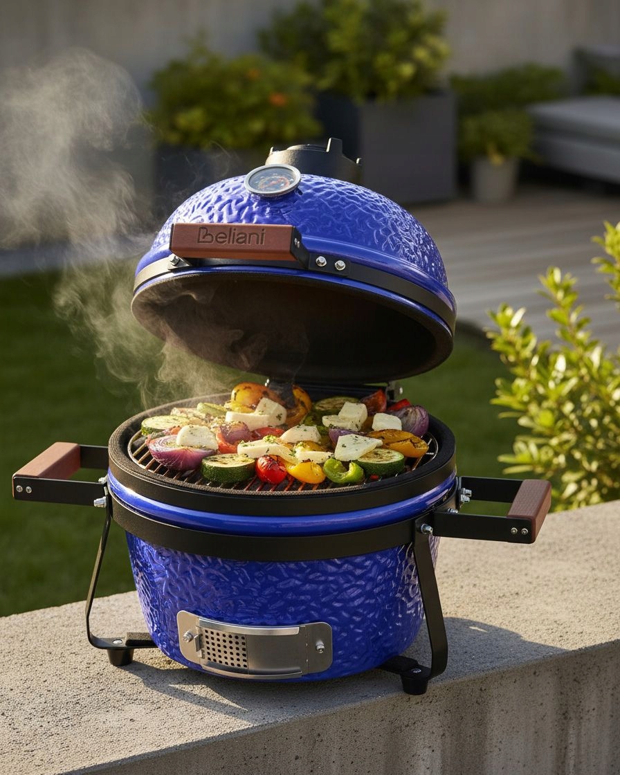 Mini grill węglowy KAMADO Ceramika Niebieski – Idealny do ogrodu i na kemping
