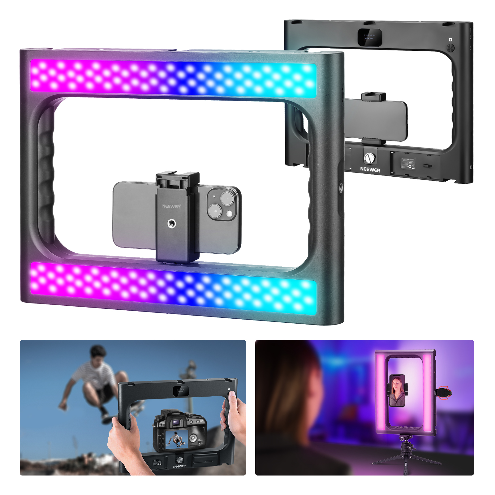 Lampa LED 20W RGB Klatka GRIP Uchwyt Telefon ISO 1/4 – Profesjonalne oświetlenie do fotografii i filmowania