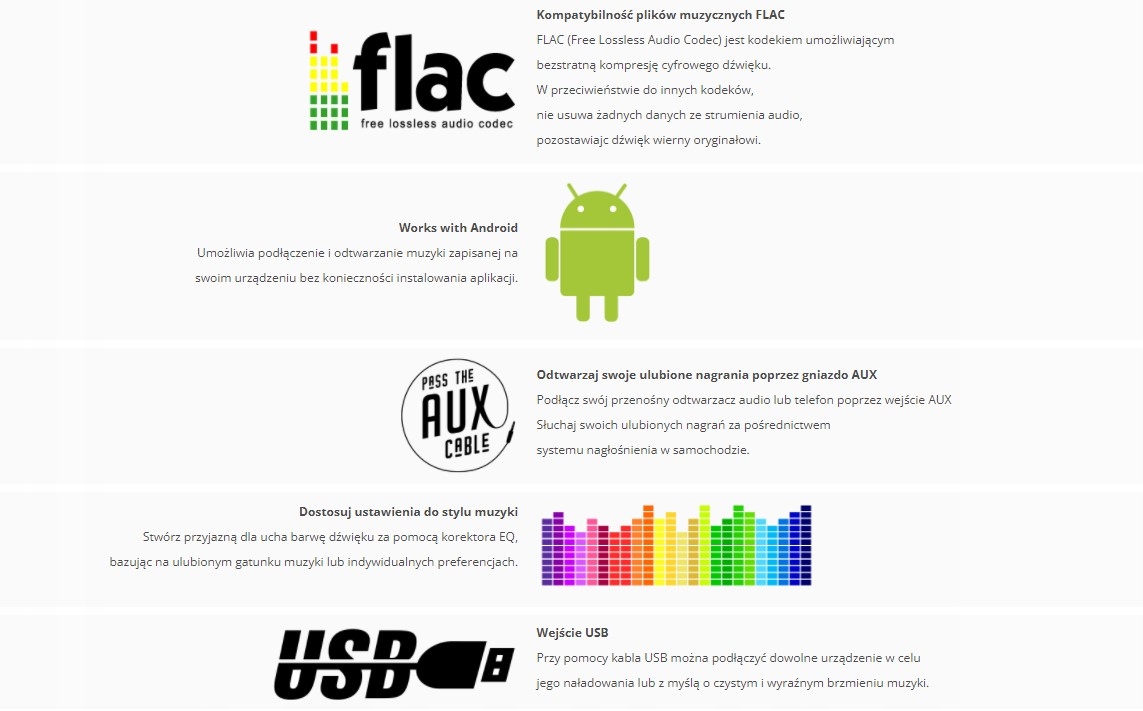 Odtwarzanie muzyki z USB i formatów MP3/WMA/FLAC