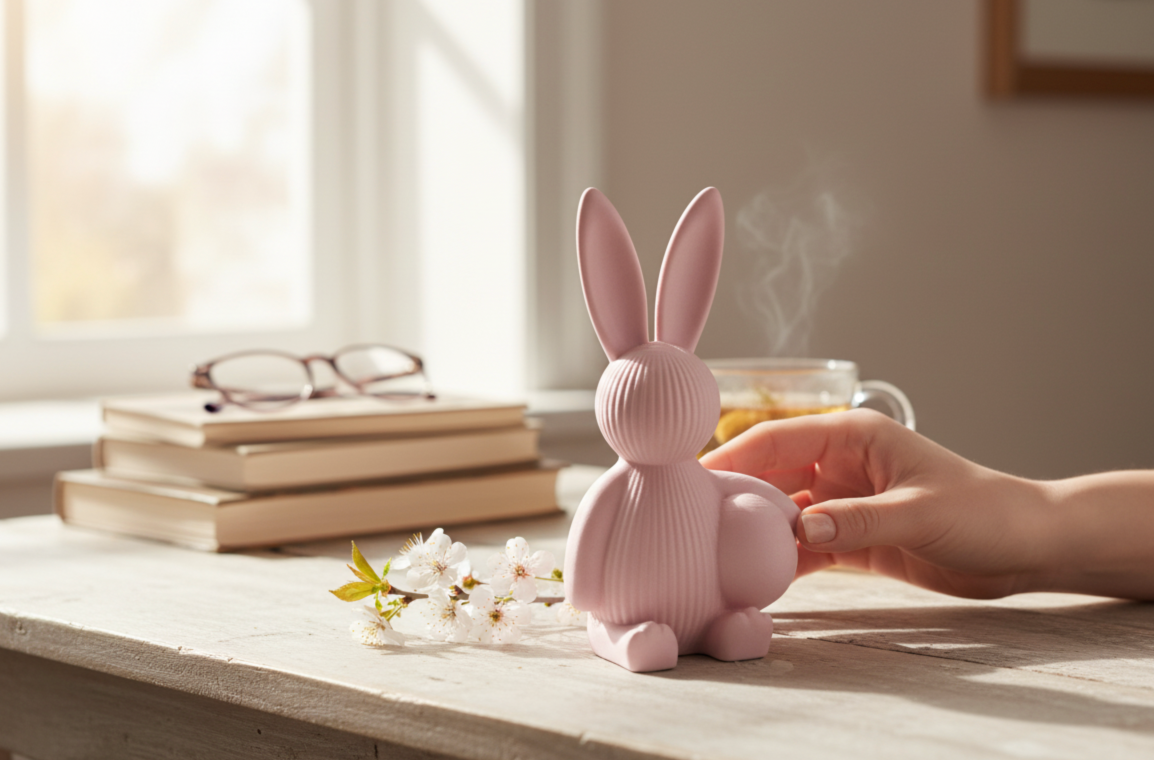 Nowoczesna dekoracja wielkanocna Ribbed Bunny with Egg – elegancki zajączek w różowym kolorze