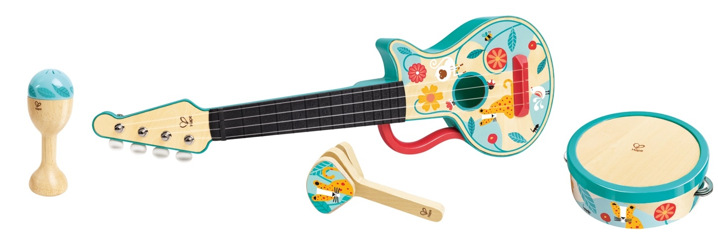 Instrumenty w zestawie: tamburyn, marakas, gitara i grzechotka