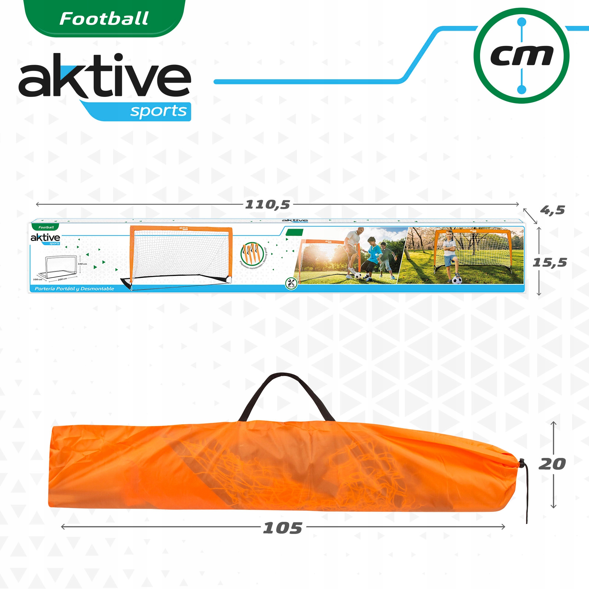Wymiary i elementy zestawu bramki Aktive SOCCER GOAL 200X100X100CM-AKTI
