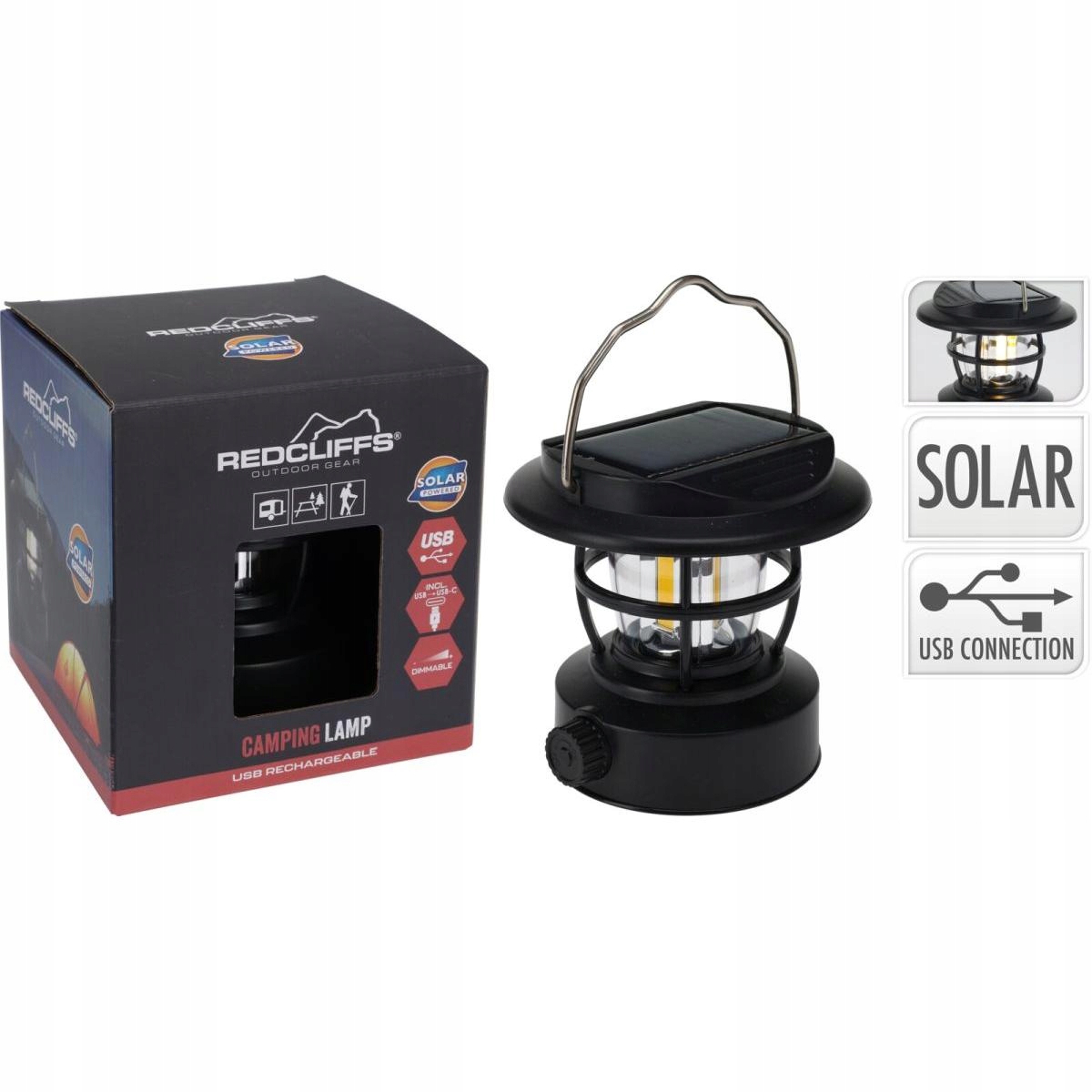 Latarka Lampa Camping Czarna Ładowanie USB i Solar Redcliffs – Idealny towarzysz na kemping