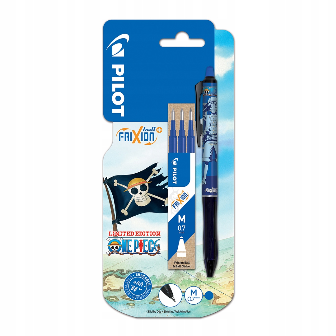 Pióro kulkowe Frixion niebieski + 3 wkłady One Piece – Innowacyjne pisanie z ulubionymi bohaterami