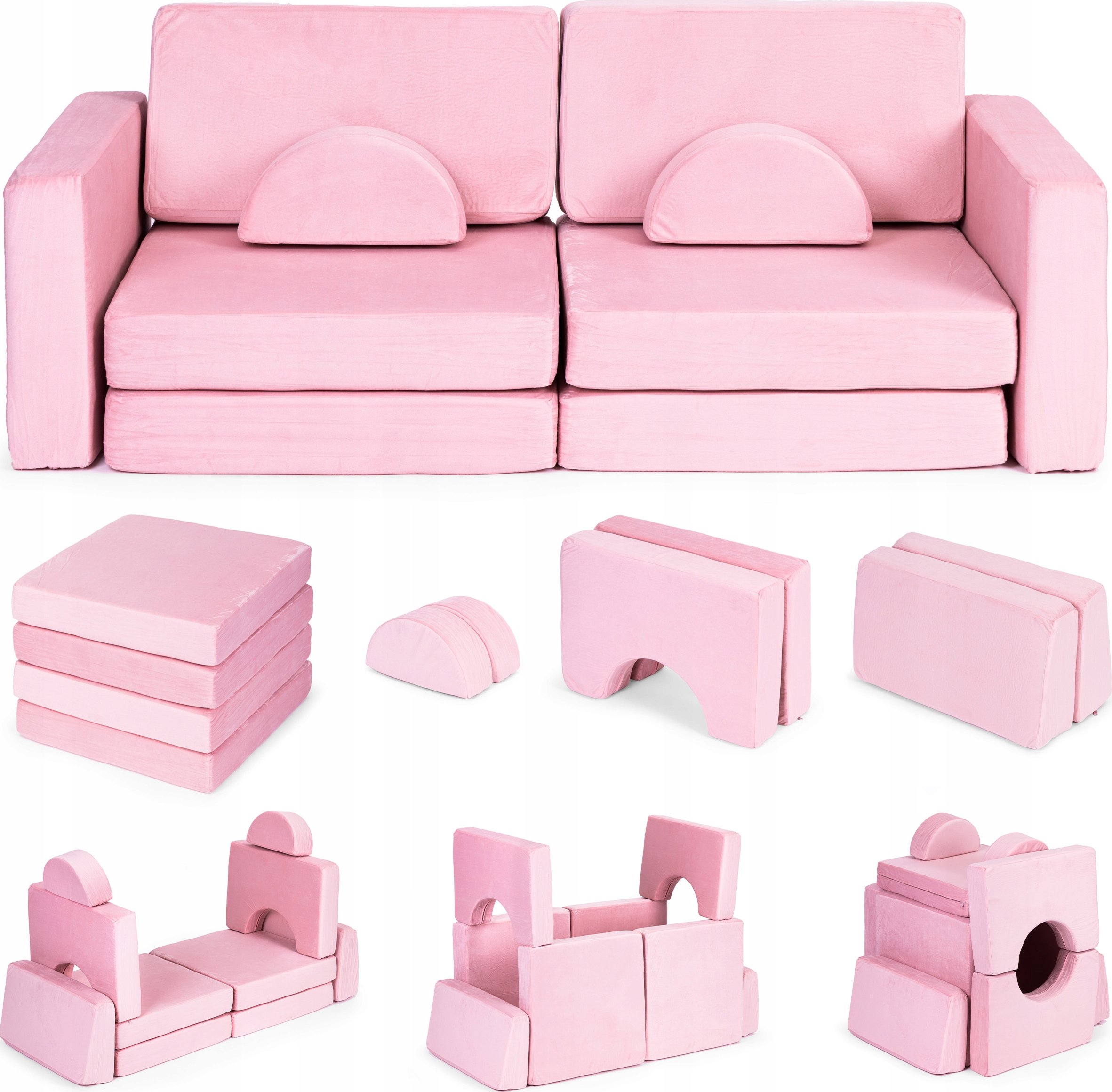 Ecotoys Sofa składana modułowa dla dzieci duża 2 osobowa DIY 10 miękkich poduch - różowa