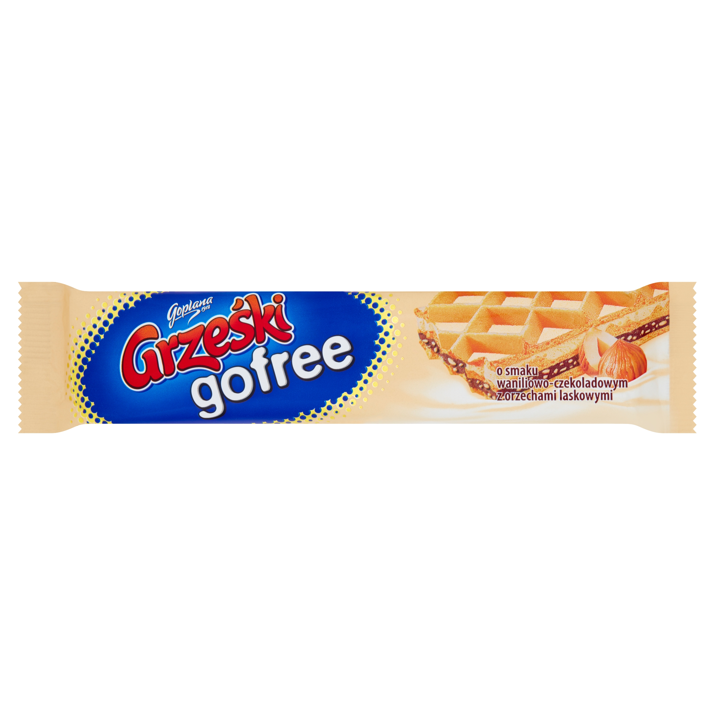 Grześki gofree Wafel przekładany kremem o smaku waniliowo-czekoladowym z orzechami laskowymi 33 g – Pyszna przekąska dla każdego