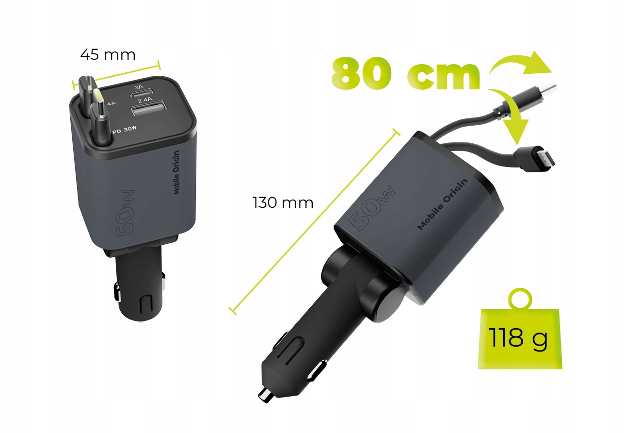 Mobile Origin 4in1 50W Ładowarka Samochodowa CA28 – Zawsze gotowy na drogę