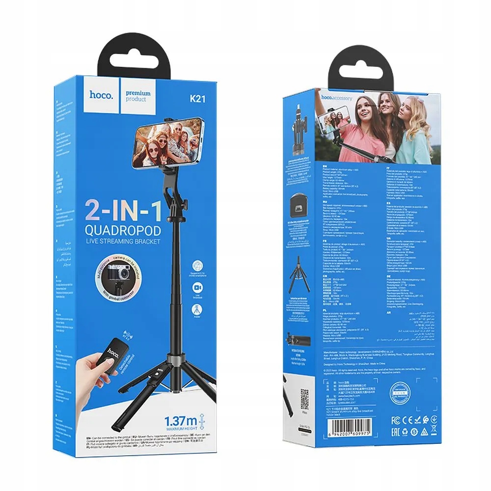 HOCO uchwyt selfie z pilotem bezprzewodowym tripod K21 czarny – Idealny towarzysz do fotografii