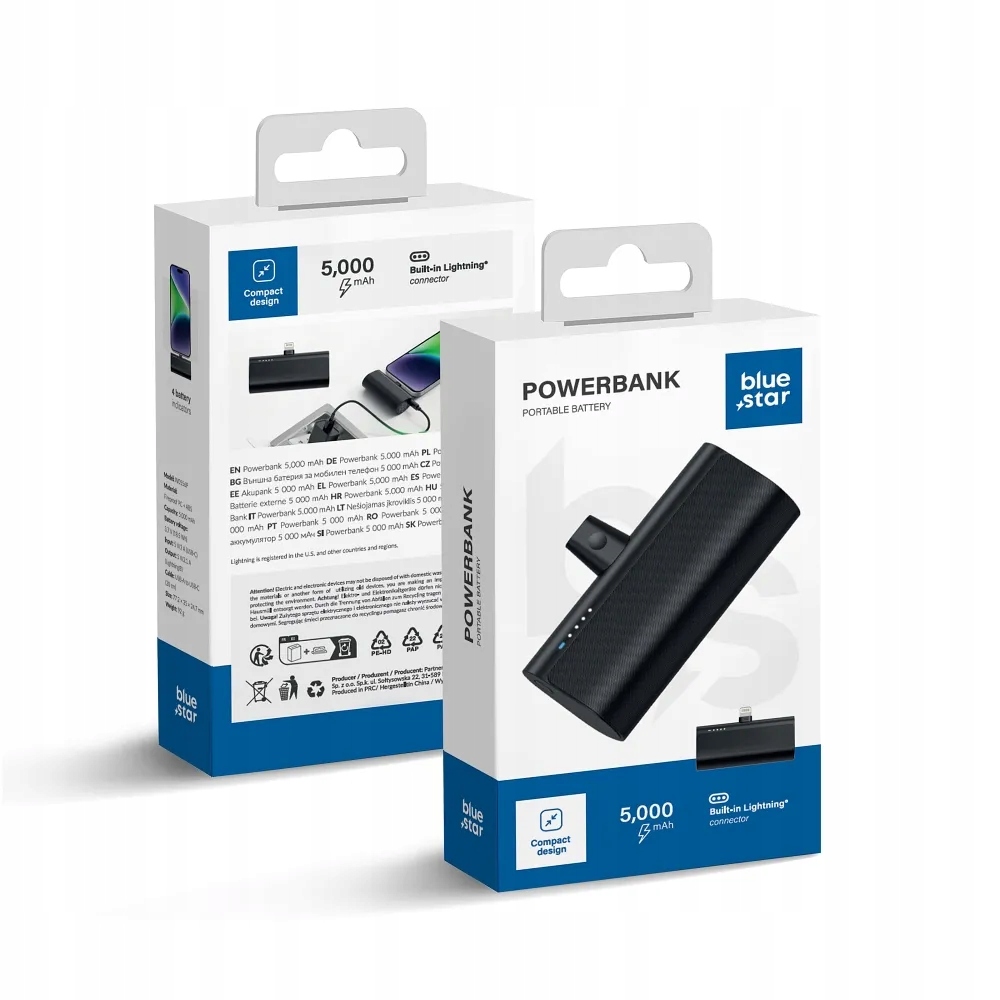 BLUE STAR powerbank 5000 mAh z wbudowanym złączem Lightning 2,1A W0556P – Niezawodne zasilanie w podróży
