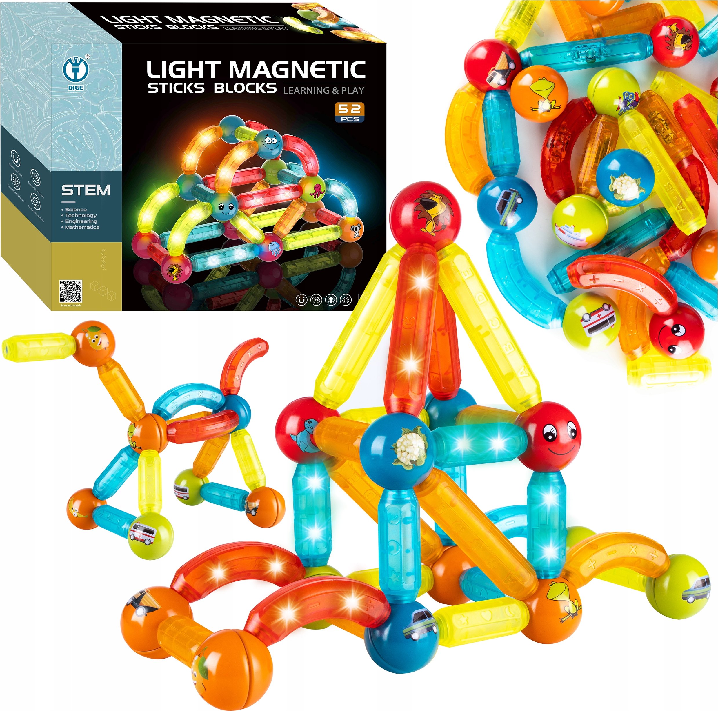 Klocki Magnetyczne Świecące Fluo 52szt. – Kreatywna zabawa dla małych budowniczych