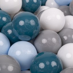 KiddyMoon KiddyMoon Plastikowe piłeczki 7cm ciemny turkus-pastelowy niebieski-szary-biały 50 Zabawka zestaw kulek