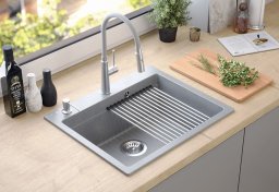 Zlewozmywak Steiner KURT 110 WORKSTATION GraniteQ zlewozmywak granitowy soft taupe 1-komorowy z/o (59,5x50x21,5) z syfonem i dozownik + Qmata + deska