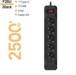 Transcend F25U 2m extension cord with 3 Sockets + 3 USB + 1 USB-C