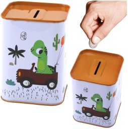 LeanToys Skarbonka Dinozaur W Samochodzie Nauka Oszczędzania Metalowa Biała 11x8cm