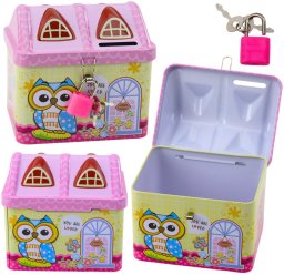LeanToys Skarbonka Metalowa Domek Sowa Kłódka Kluczyki Różowa