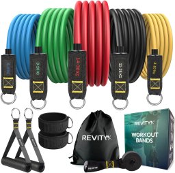 Revity Revity Gumy do ćwiczeń oporowe Workout Bands Pro 5 szt. 10-100 kg + Akcesoria 6 szt.