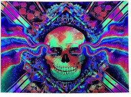 ITIMPORT Dekoracja ŚCIENNA UV OBRAZ Fluorescencyjny GOBELIN ODBLASK 150x150cm Czacha