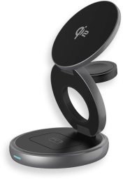 Ładowarka Prestigio Twist 3-in-1, wireless Qi2 charging station for iPhone (15W), AppleWatch (2.5W) & AirPods (5W), Qi2 certified, magnetic charging pads with stand function, foldable, power adapter 30W, USB-C charging cable 1 m, space gray