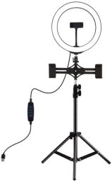 Lampa studyjna Puluz LED žiedinė lempa 26cm, su trikoju stovu iki 1.1m ir 3 telefono laikikliais, USB