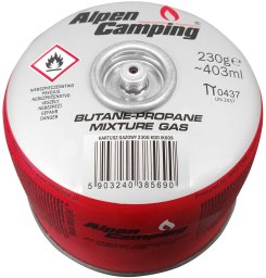 Kartusz gazowy 230g Alpen Camping. certyfikat: Pi 0656, zgodny z EN417, propan-butan, zakres -10°c do+ 40°c, zawór gwintowany 7/