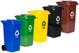 Kosz na śmieci Multistore Zestaw 5 koszy na śmieci pojemniki 5x120L niebieski zielony żółty czarny brązowy makulatura szkło plastik odpady zmieszane BIO g EDUKAMP
