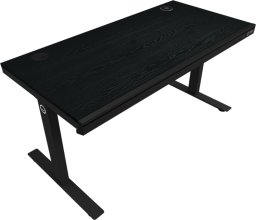 Dual-motor sit/stand adjustable-height gaming desk with wireless charger, RGB lighting, control panel, and USB ports, PB melamine surface tabletop, black.