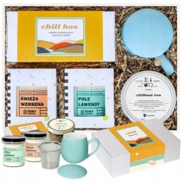 Cup&You ZESTAW PREZENTOWY UPOMINKOWY "BIG CHILL BOX" - HERBATA SYPANA 2X ŚWIECA SOJOWA KUBEK Z ZAPARZACZEM I POKRYWKĄ - PREZENT UPOMINEK DLA KOBIETY FACETA NIEJ NIEGO
