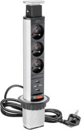 GTV Biurkowy przedłużacz wpuszczany 60mm srebrny 3 x gniazdo z uziemieniem 2 x USB 2,1A 5V 1,5m (AE-BPW3U60U-80)